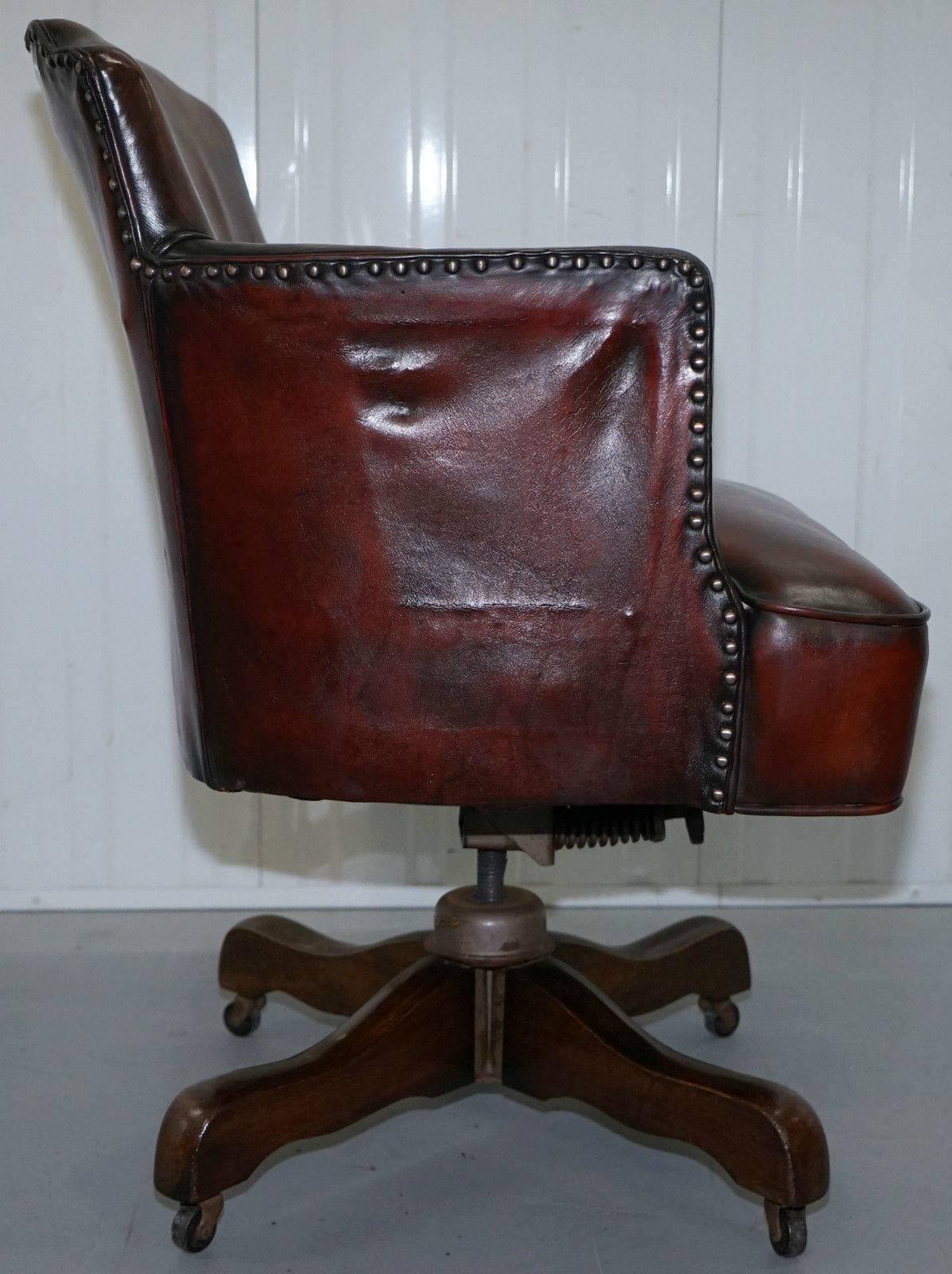 Fully Restored 1920s Hillcrest Antique Whisky Brown Leather Captains Chair 2