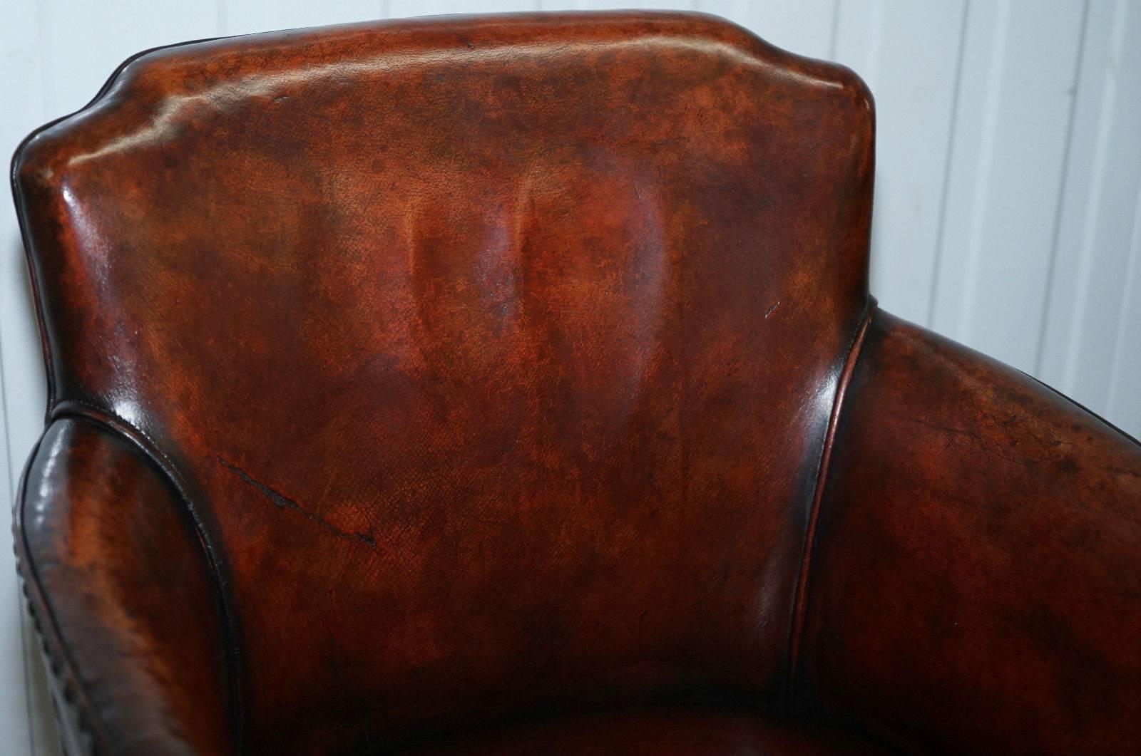 Hand-Carved Fully Restored 1920s Hillcrest Antique Whisky Brown Leather Captains Chair