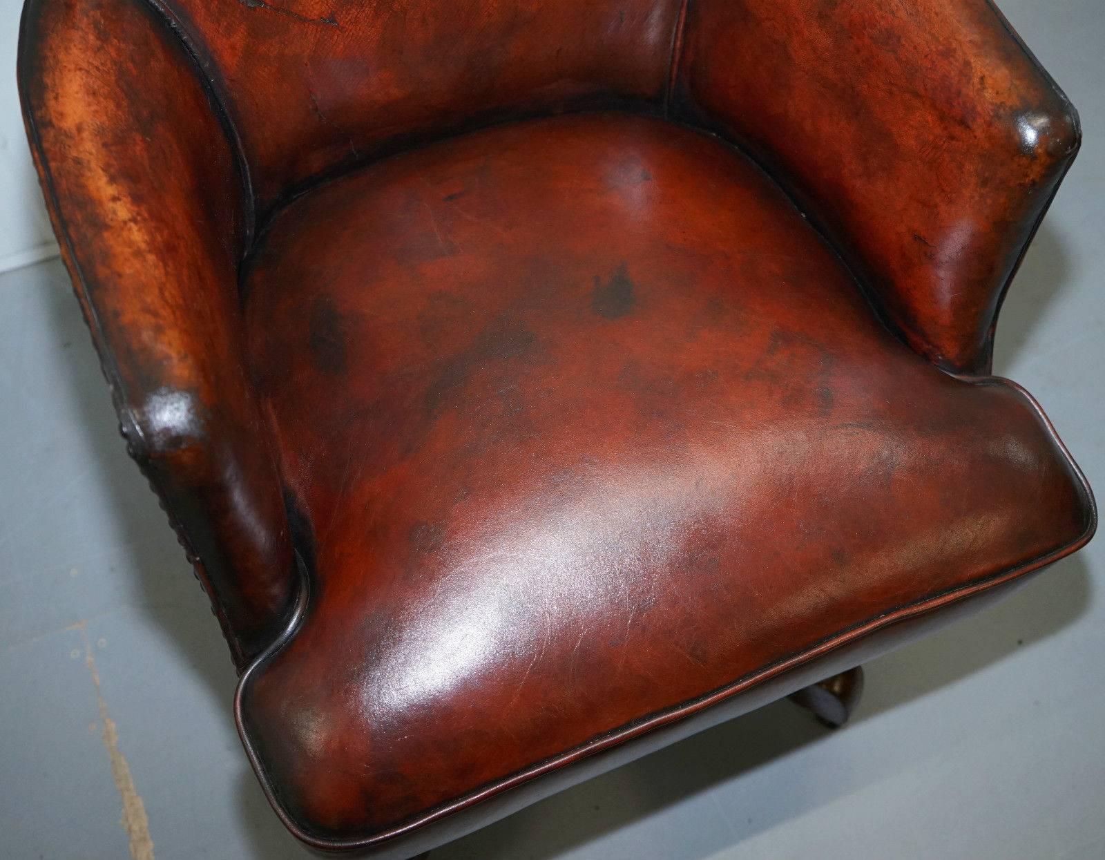 British Fully Restored 1920s Hillcrest Antique Whisky Brown Leather Captains Chair