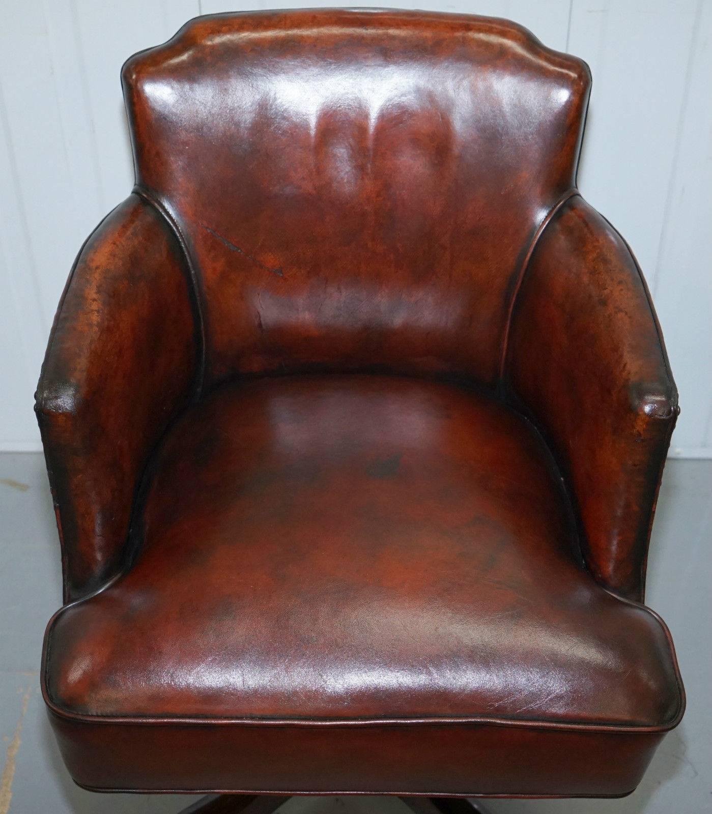 Edwardian Fully Restored 1920s Hillcrest Antique Whisky Brown Leather Captains Chair