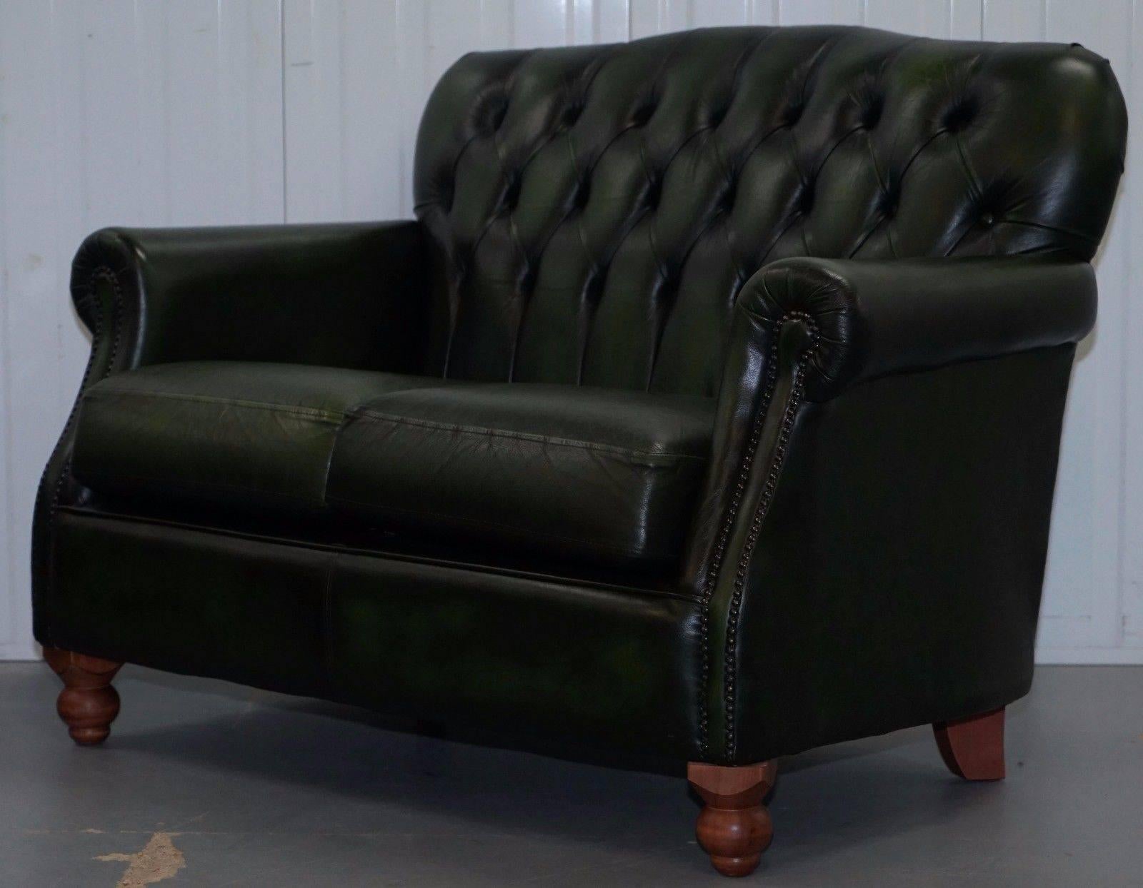 We are delighted to offer for sale this lovely matching pair of Thomas Lloyd Victorian Chesterfield green leather sofas RRP £949 each

Both are in lovely lightly restored condition throughout, we have cleaned waxed and polished them from top to