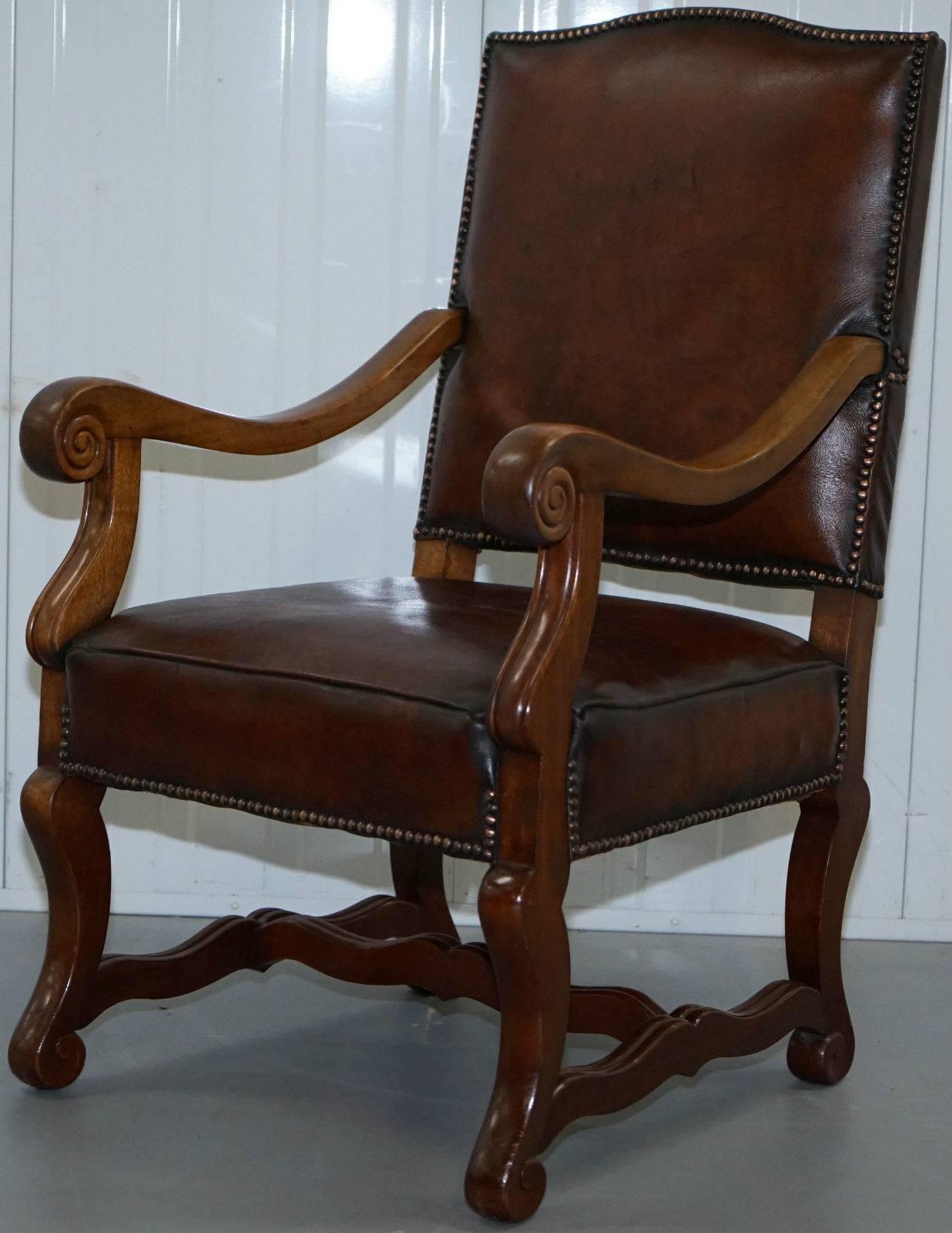 British Pair of 19th Century Victorian Mahogany Brown Leather Carolean Throne Armchairs