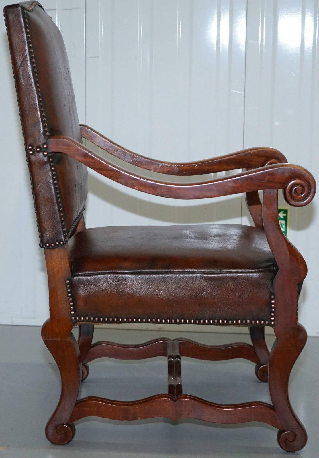 Pair of 19th Century Victorian Mahogany Brown Leather Carolean Throne Armchairs 4