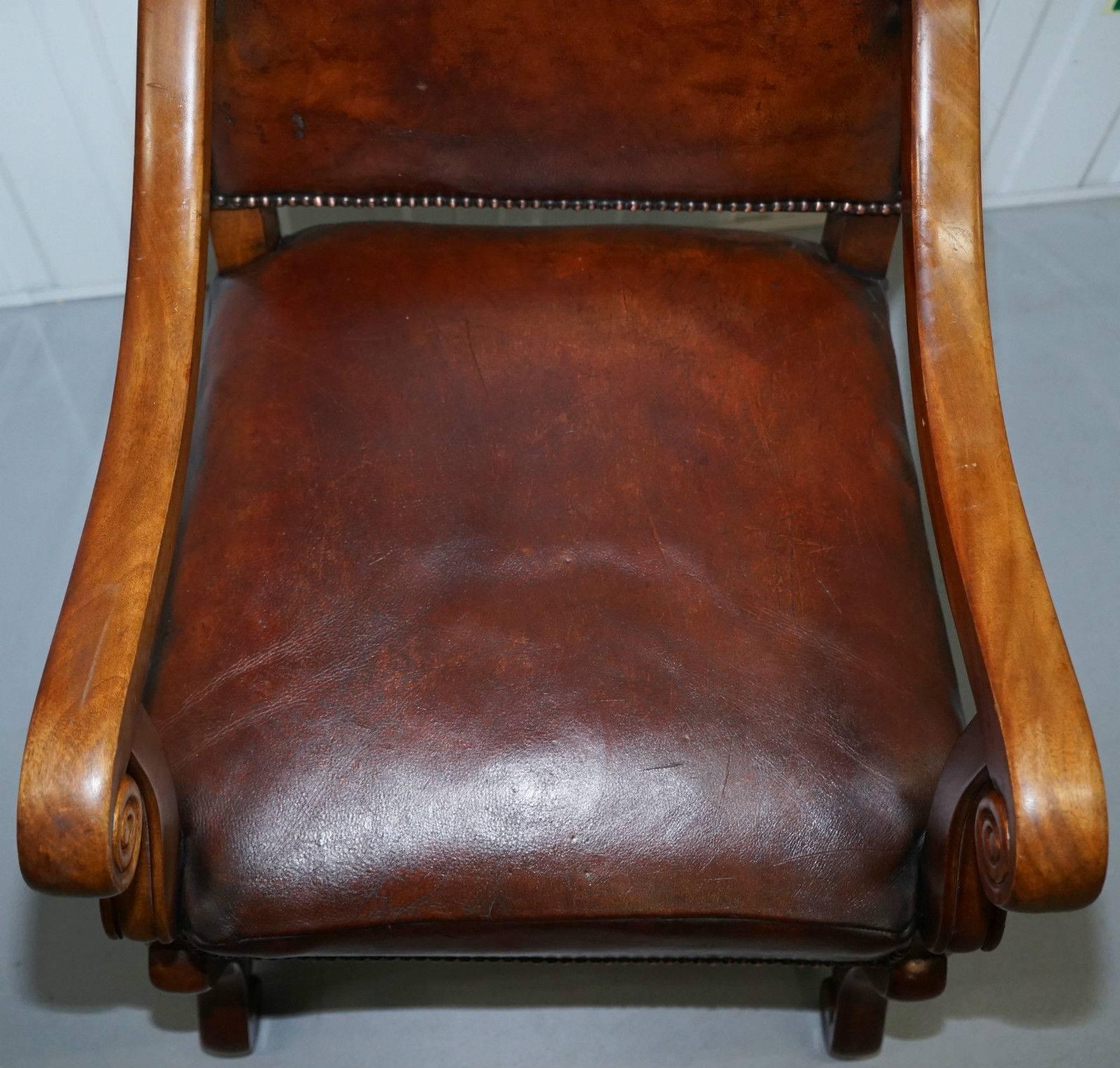 Pair of 19th Century Victorian Mahogany Brown Leather Carolean Throne Armchairs 3