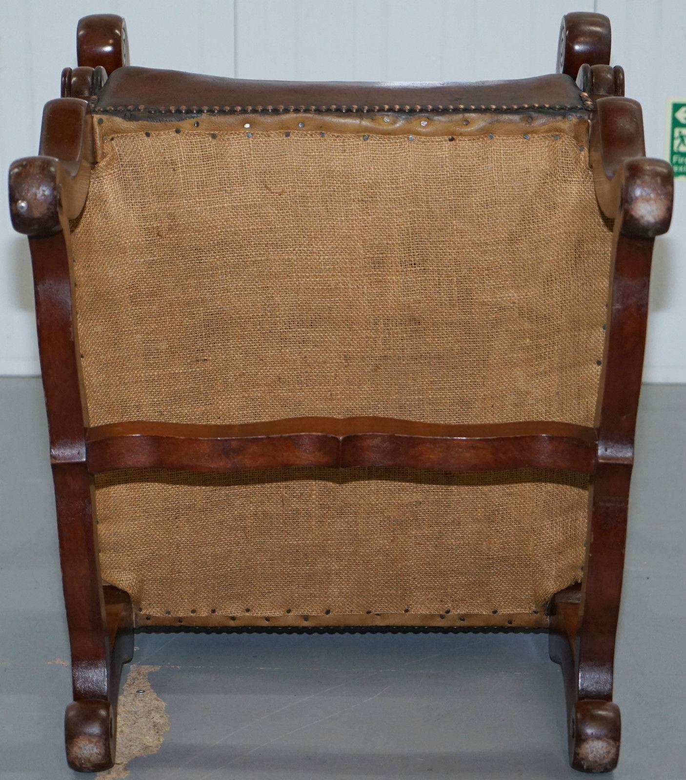 Pair of 19th Century Victorian Mahogany Brown Leather Carolean Throne Armchairs 4
