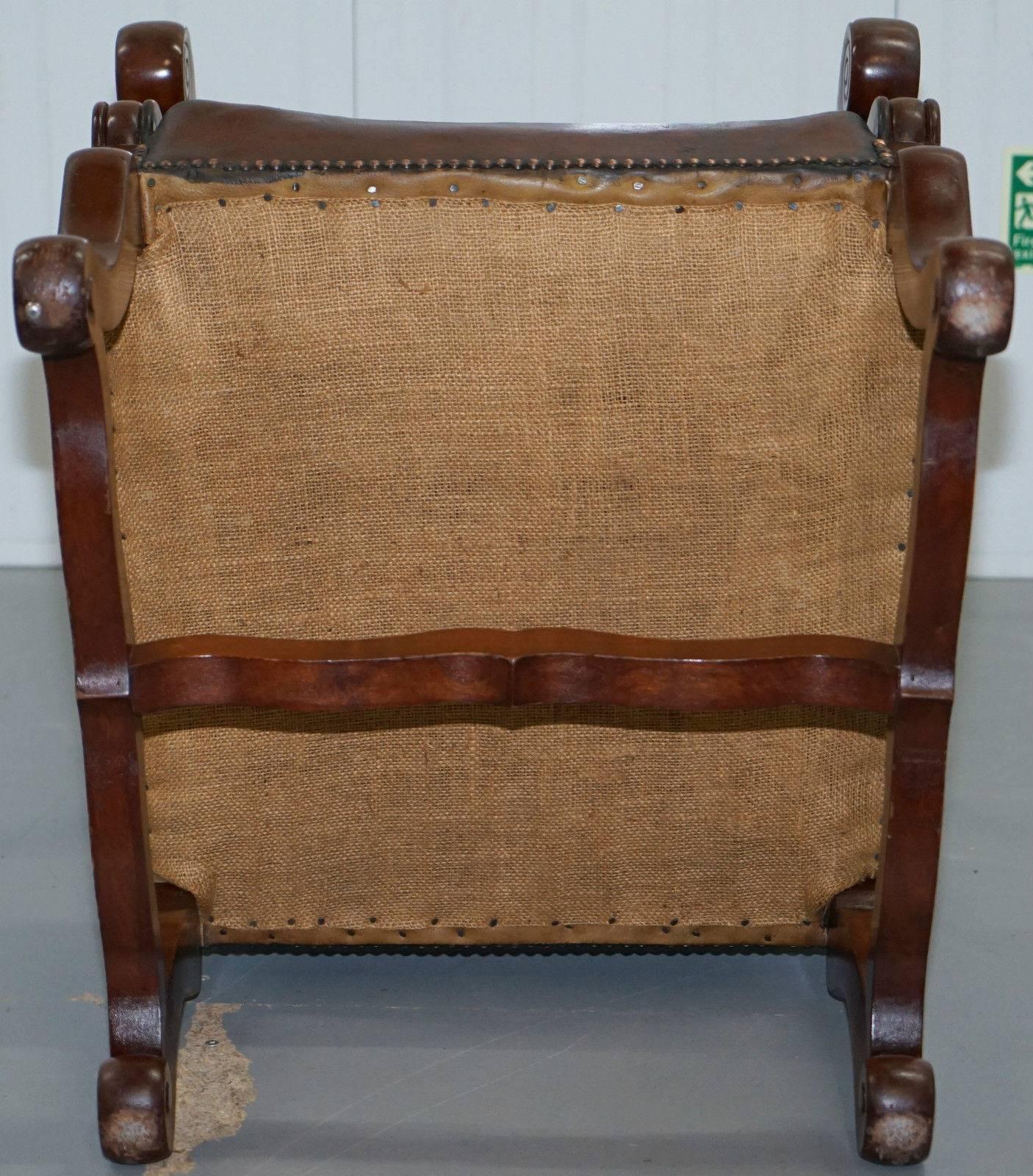 Pair of 19th Century Victorian Mahogany Brown Leather Carolean Throne Armchairs 5