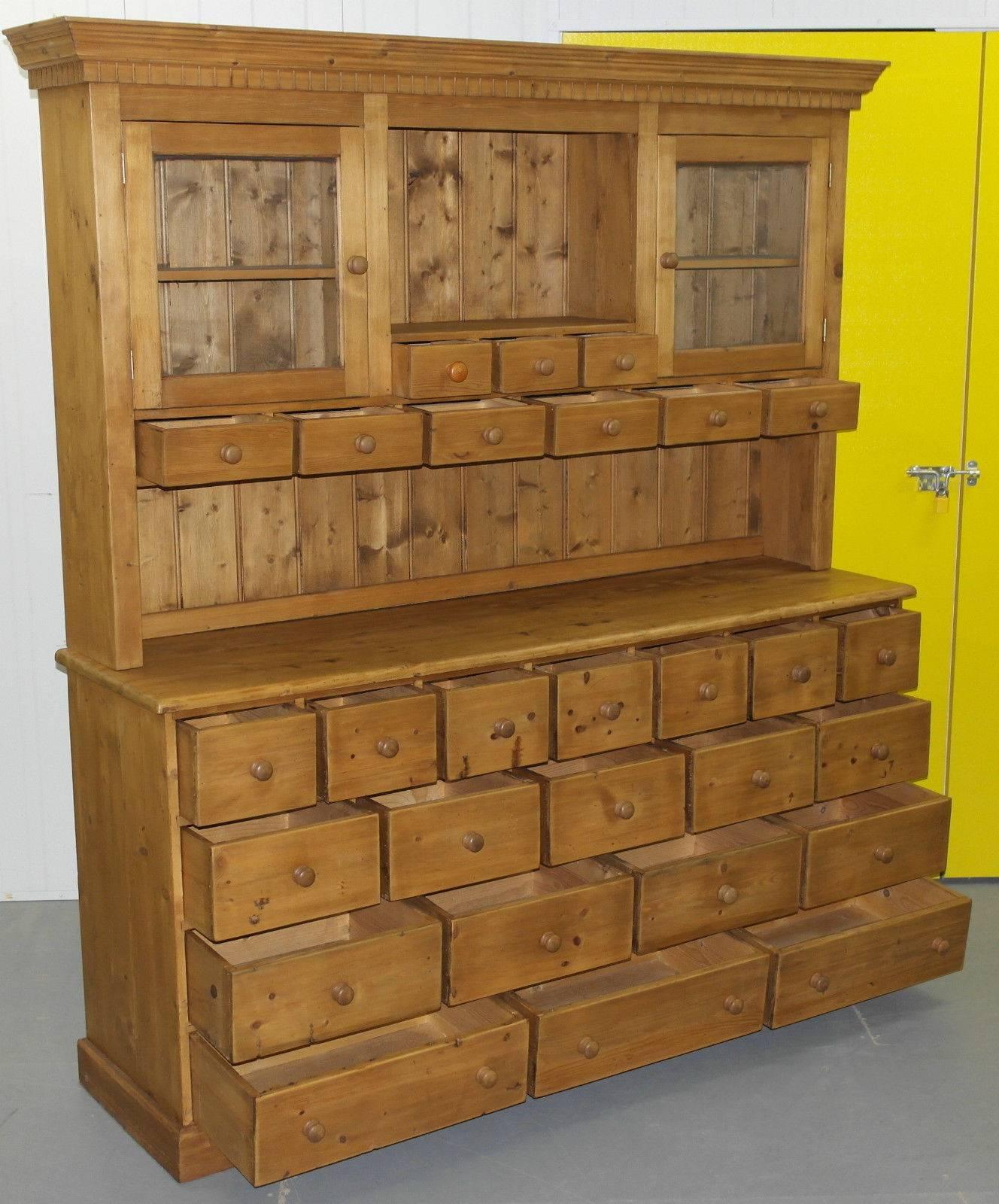 Hand-Carved Very Large Solid Pine 28-Drawer Antique Merchants Welsh Dresser Bank of Drawers