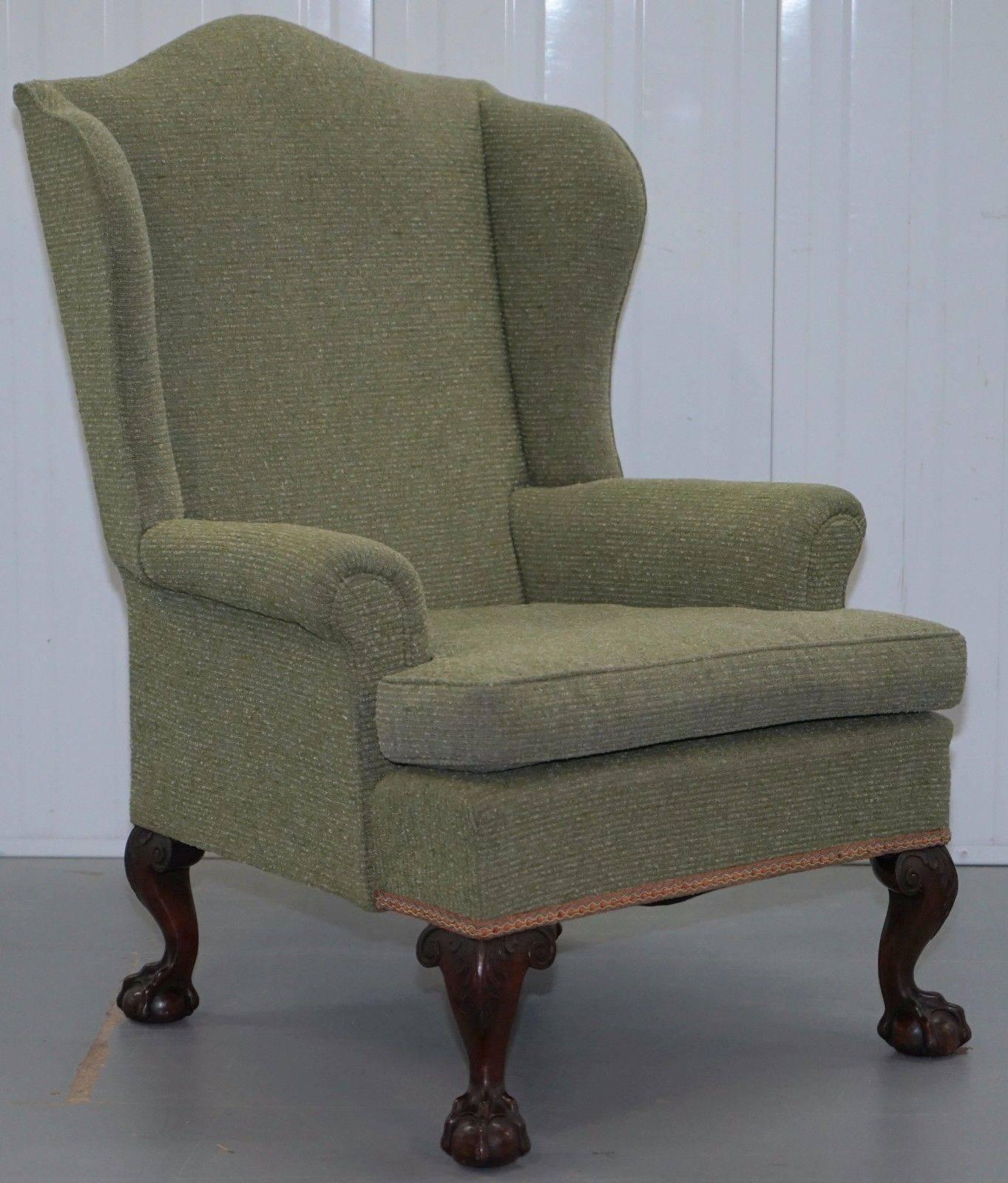 British Georgian Irish Style Victorian Wingback Armchair Four-Claw and Ball Carved Legs