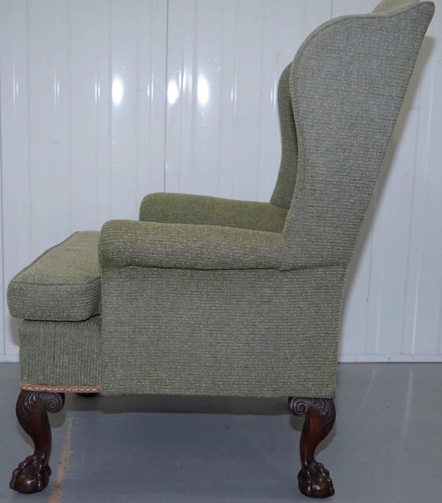 Fabric Georgian Irish Style Victorian Wingback Armchair Four-Claw and Ball Carved Legs