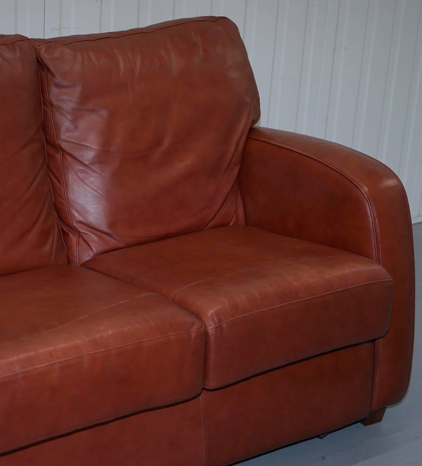 Modern Lovely Aged Chestnut Brown Leather Three-Seat Sofa Great Color and Comfortable