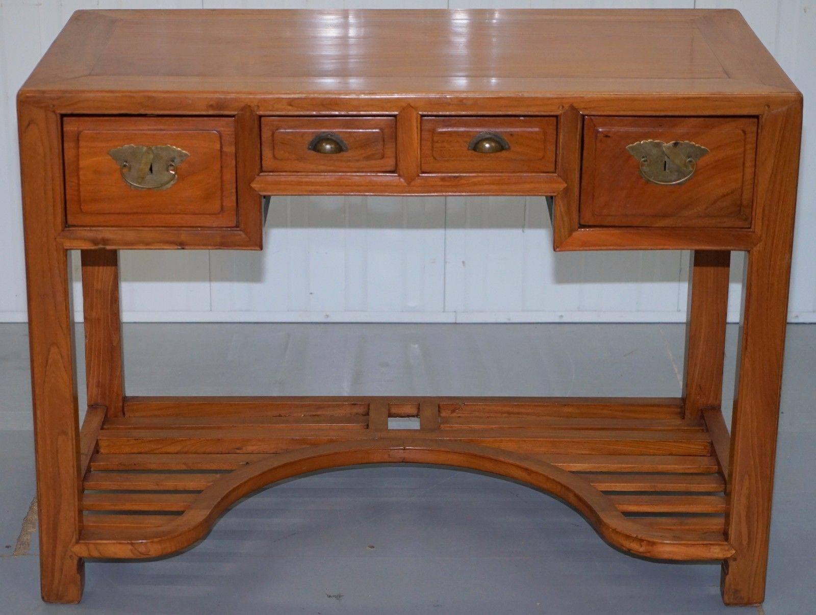 Contemporary Vintage Chinese Ming Style Teak Desk and Matching Chair Lovely Rare Pair Office