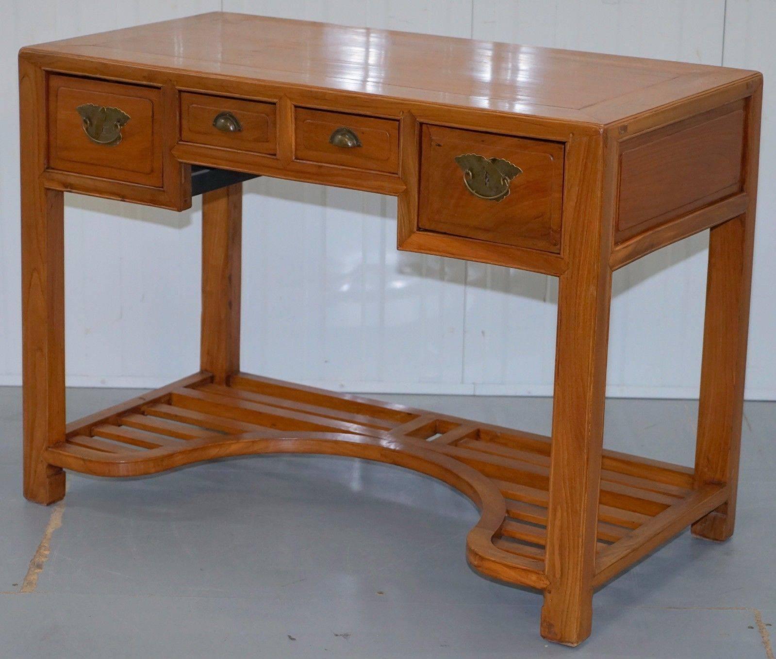 Hand-Carved Vintage Chinese Ming Style Teak Desk and Matching Chair Lovely Rare Pair Office