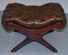 Matching Pair of Vintage Aged Brown Leather Chesterfield Footstools / Ottomans
