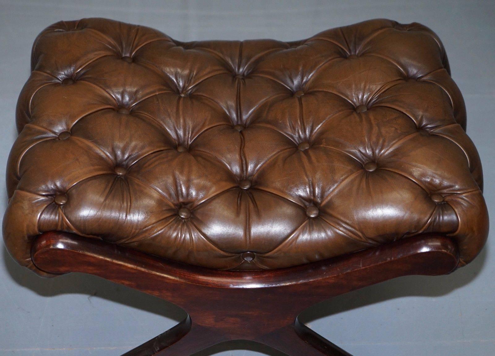 20th Century Matching Pair of Vintage Aged Brown Leather Chesterfield Footstools / Ottomans
