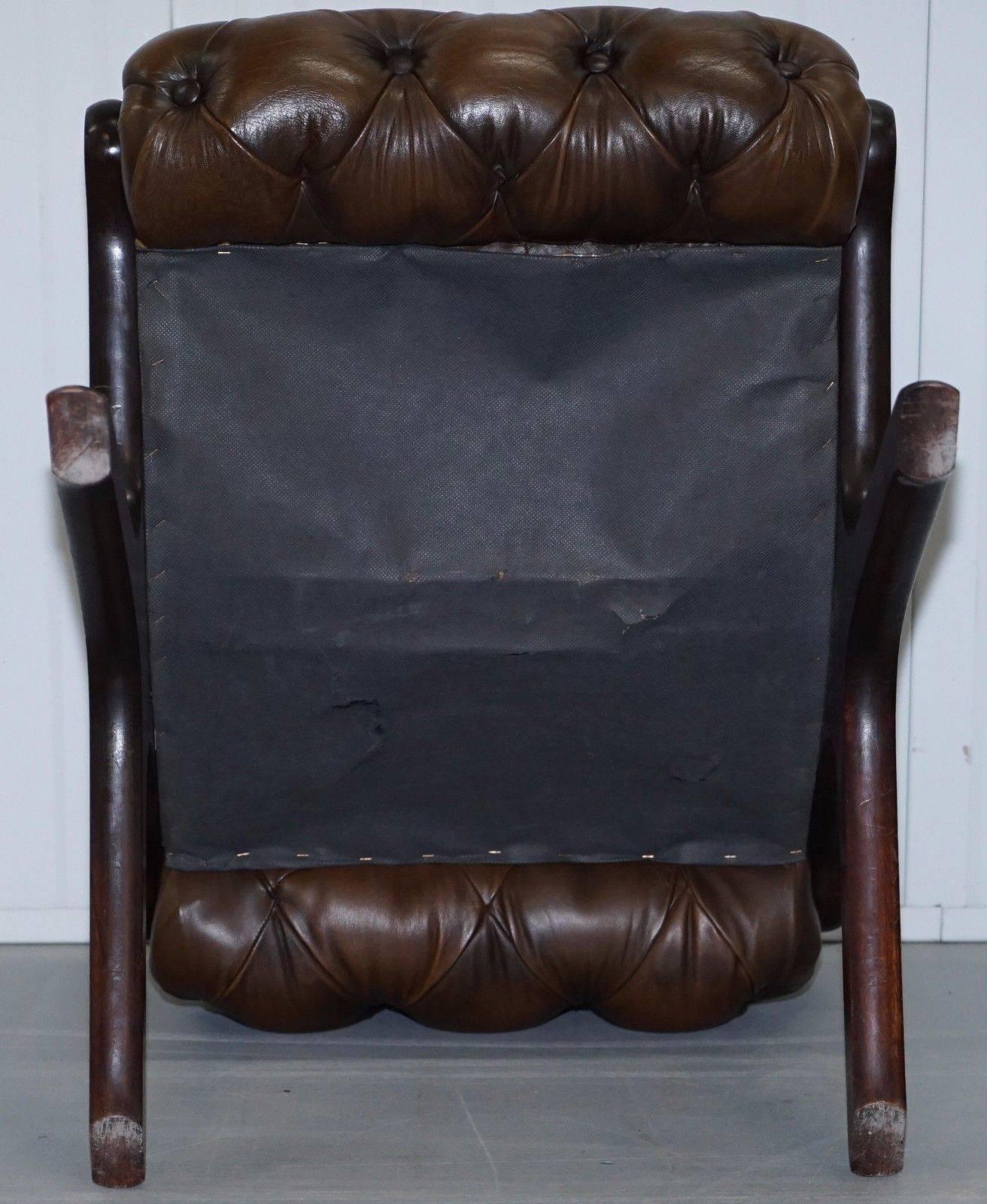 British Matching Pair of Vintage Aged Brown Leather Chesterfield Footstools / Ottomans