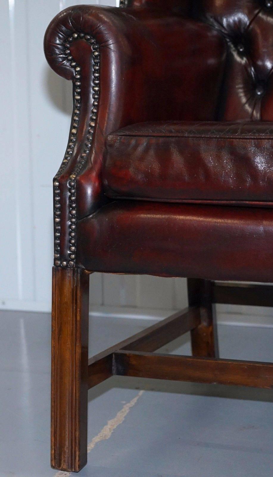 20th Century Restored Hand Dyed 1960s Oxblood Leather Chesterfield Georgian Wingback Armchair