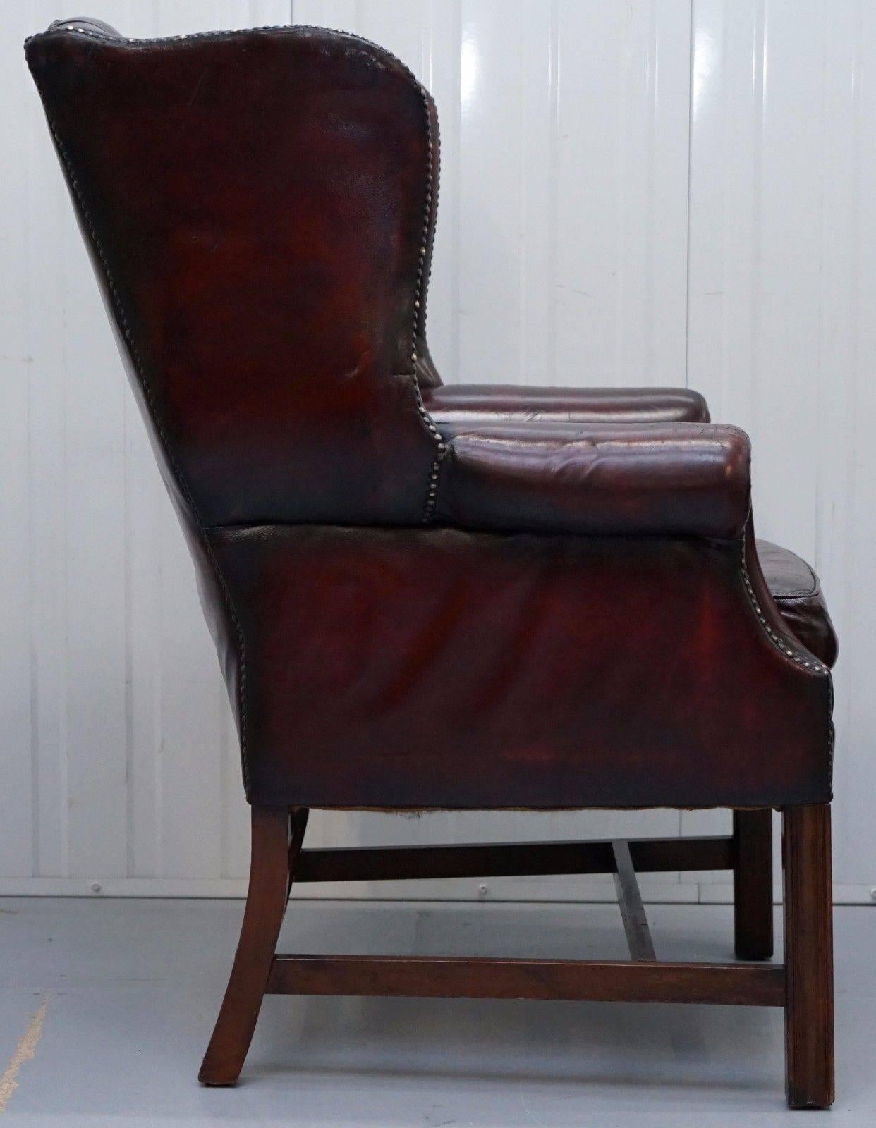 Restored Hand Dyed 1960s Oxblood Leather Chesterfield Georgian Wingback Armchair 1
