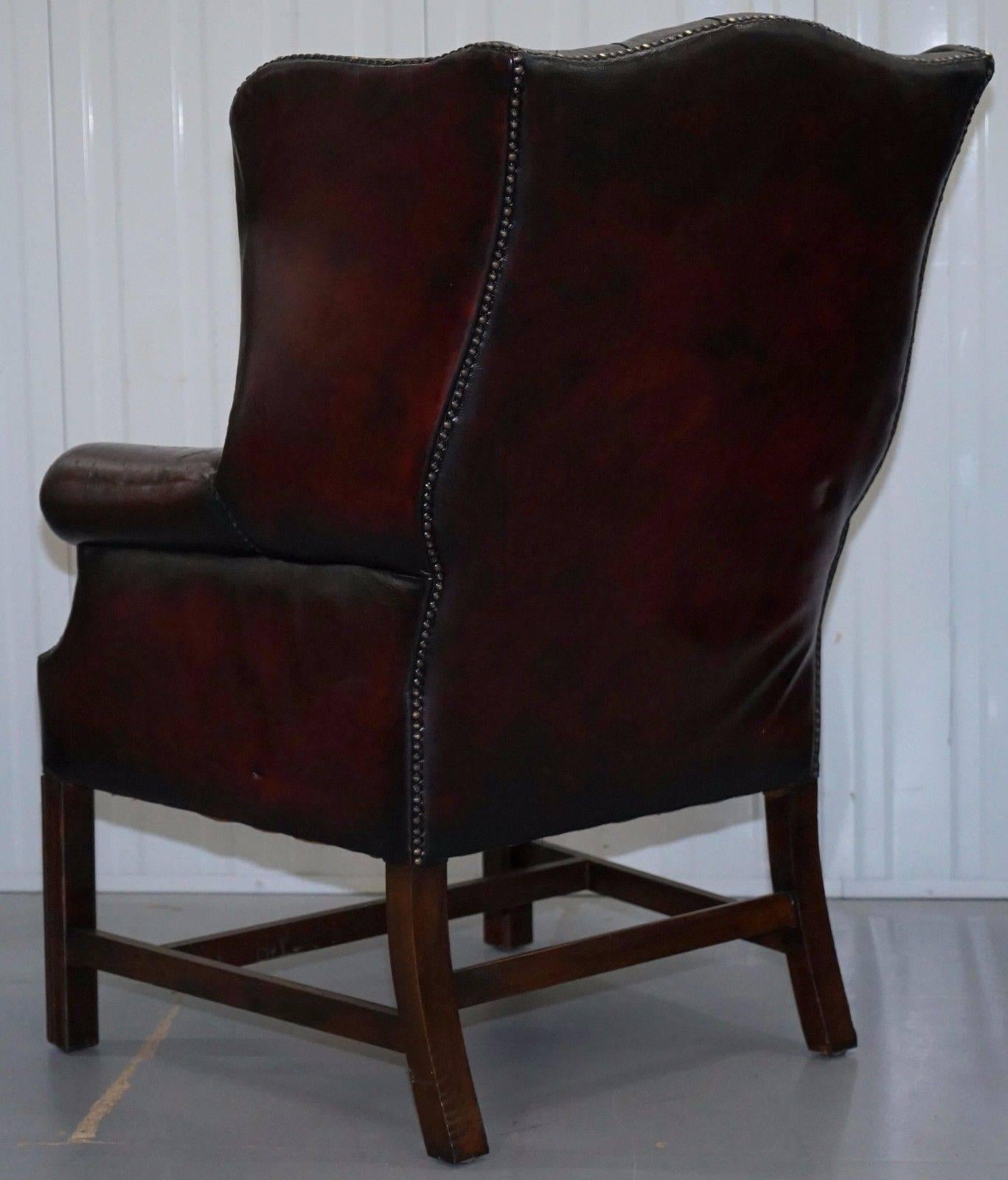 Restored Hand Dyed 1960s Oxblood Leather Chesterfield Georgian Wingback Armchair 2
