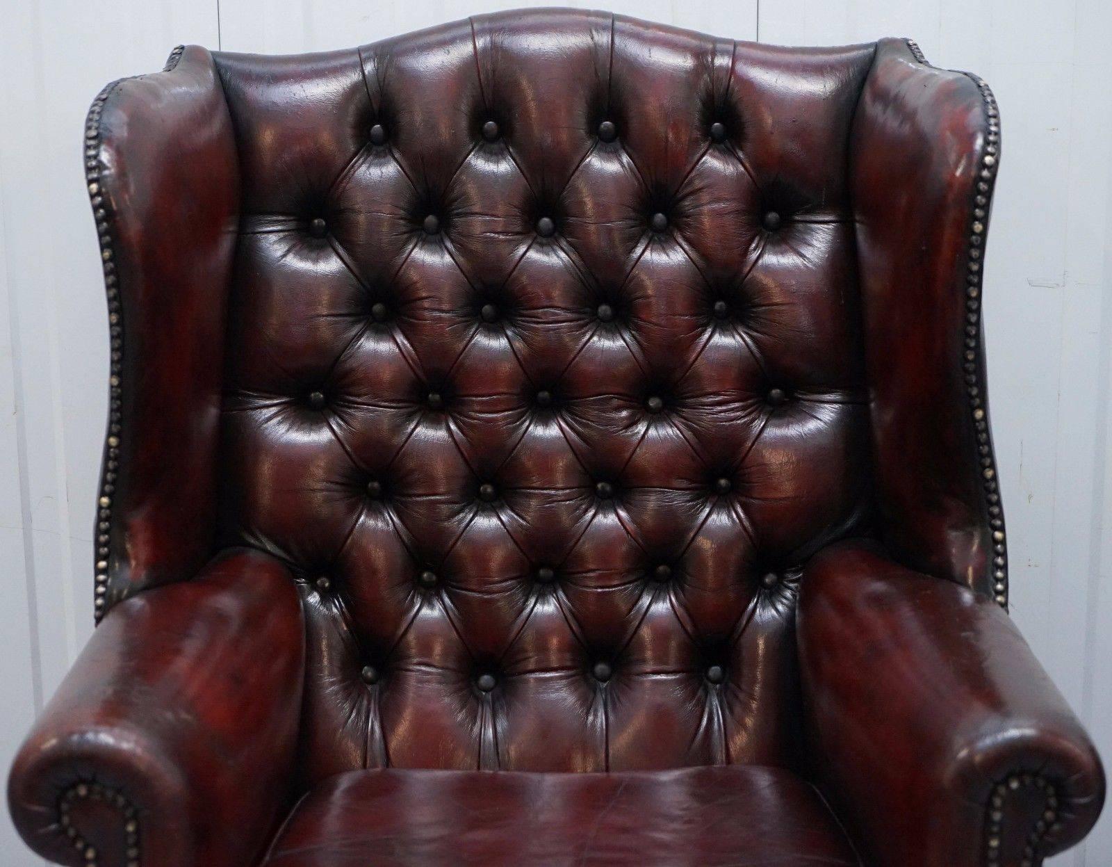 British Restored Hand Dyed 1960s Oxblood Leather Chesterfield Georgian Wingback Armchair