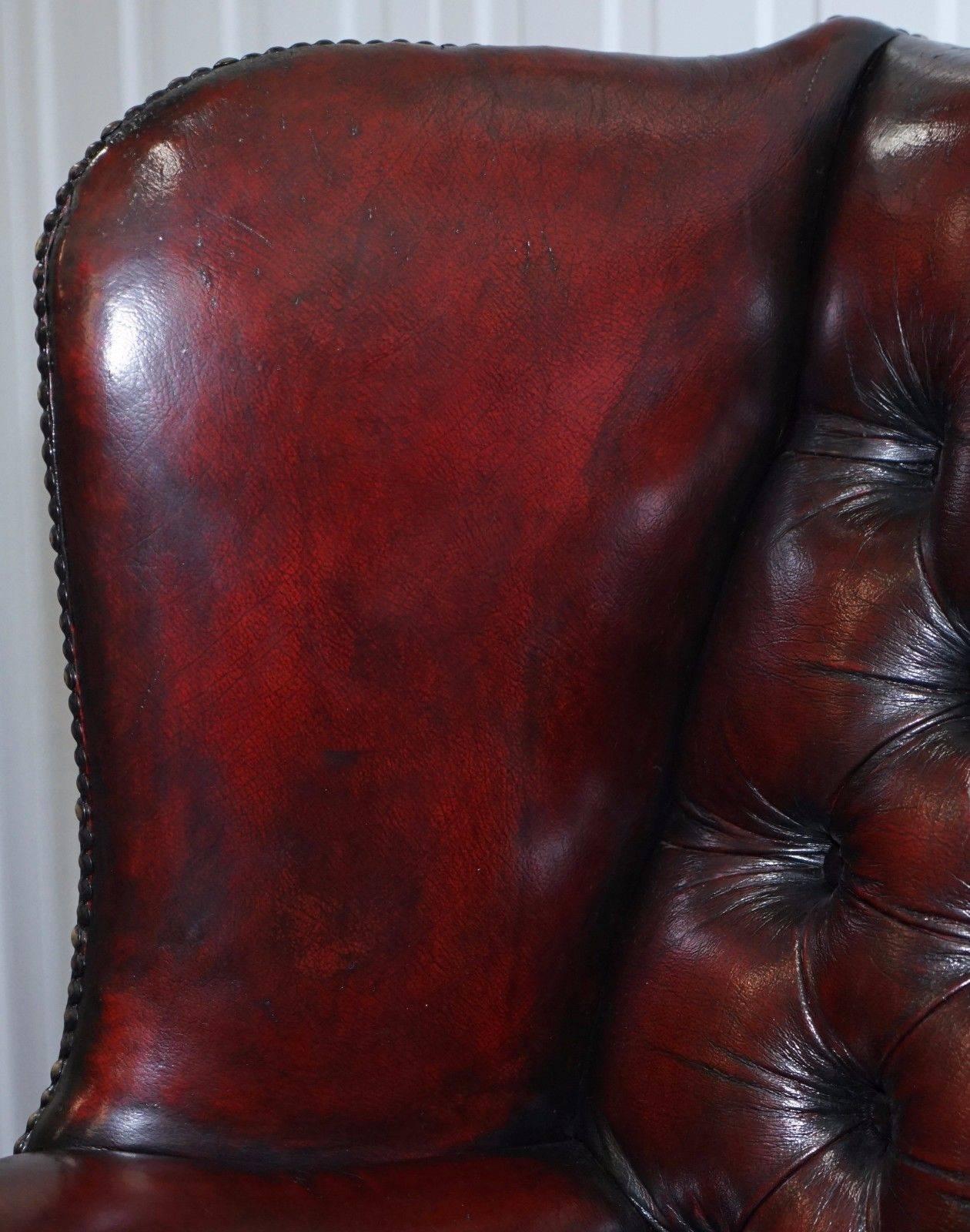 Hand-Crafted Restored Hand Dyed 1960s Oxblood Leather Chesterfield Georgian Wingback Armchair
