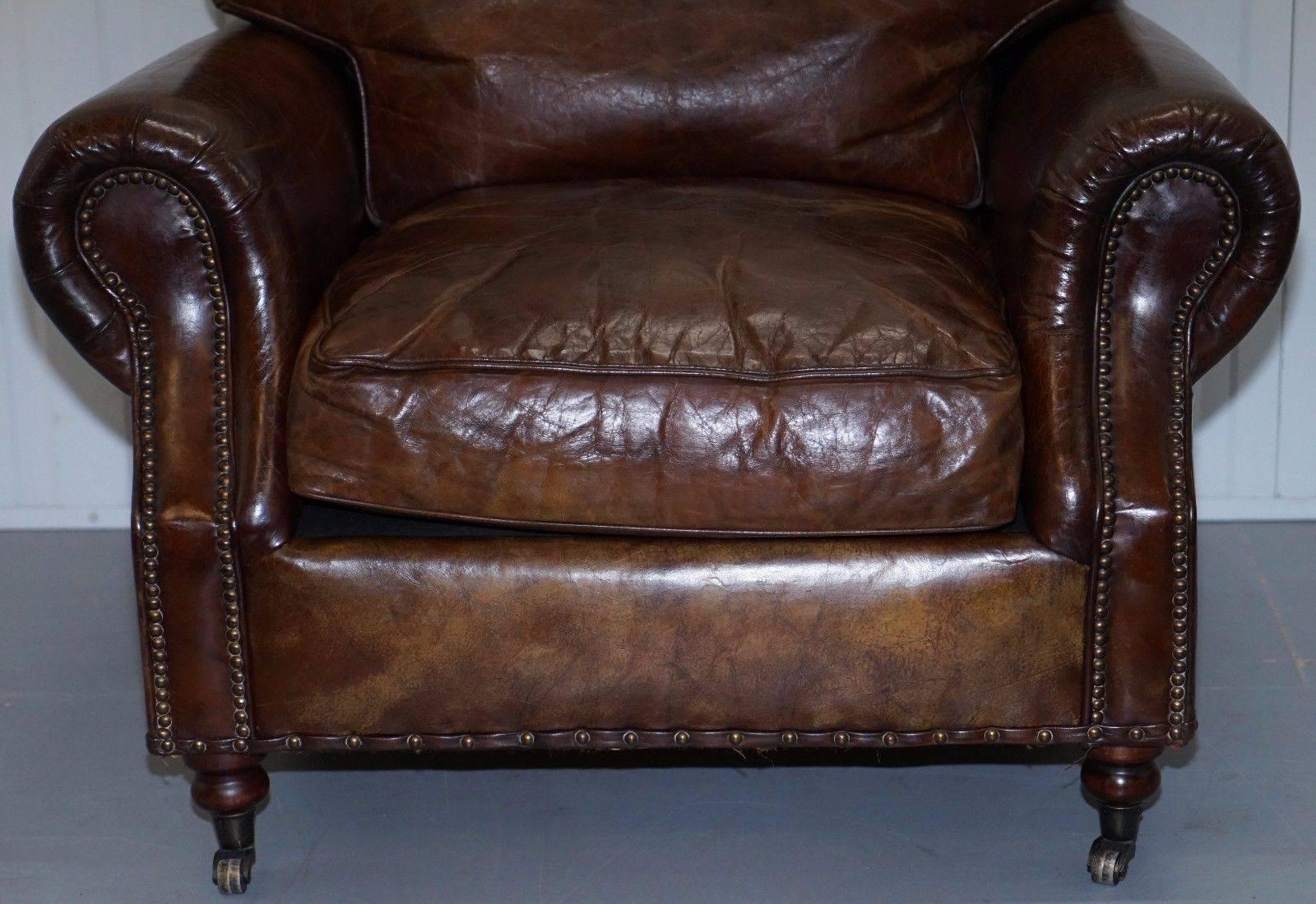Victorian Timothy Oulton Balmoral Heritage Brown Leather Club Armchair Feather Cushions