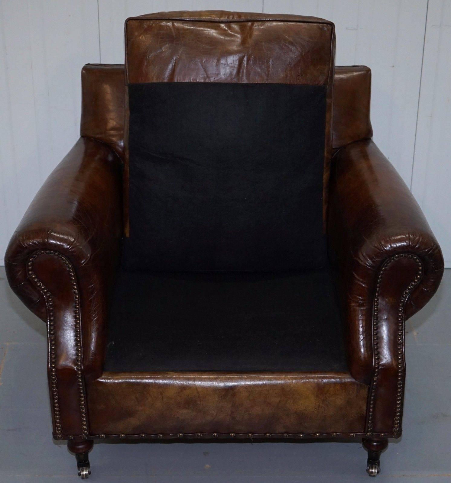 Hand-Carved Timothy Oulton Balmoral Heritage Brown Leather Club Armchair Feather Cushions
