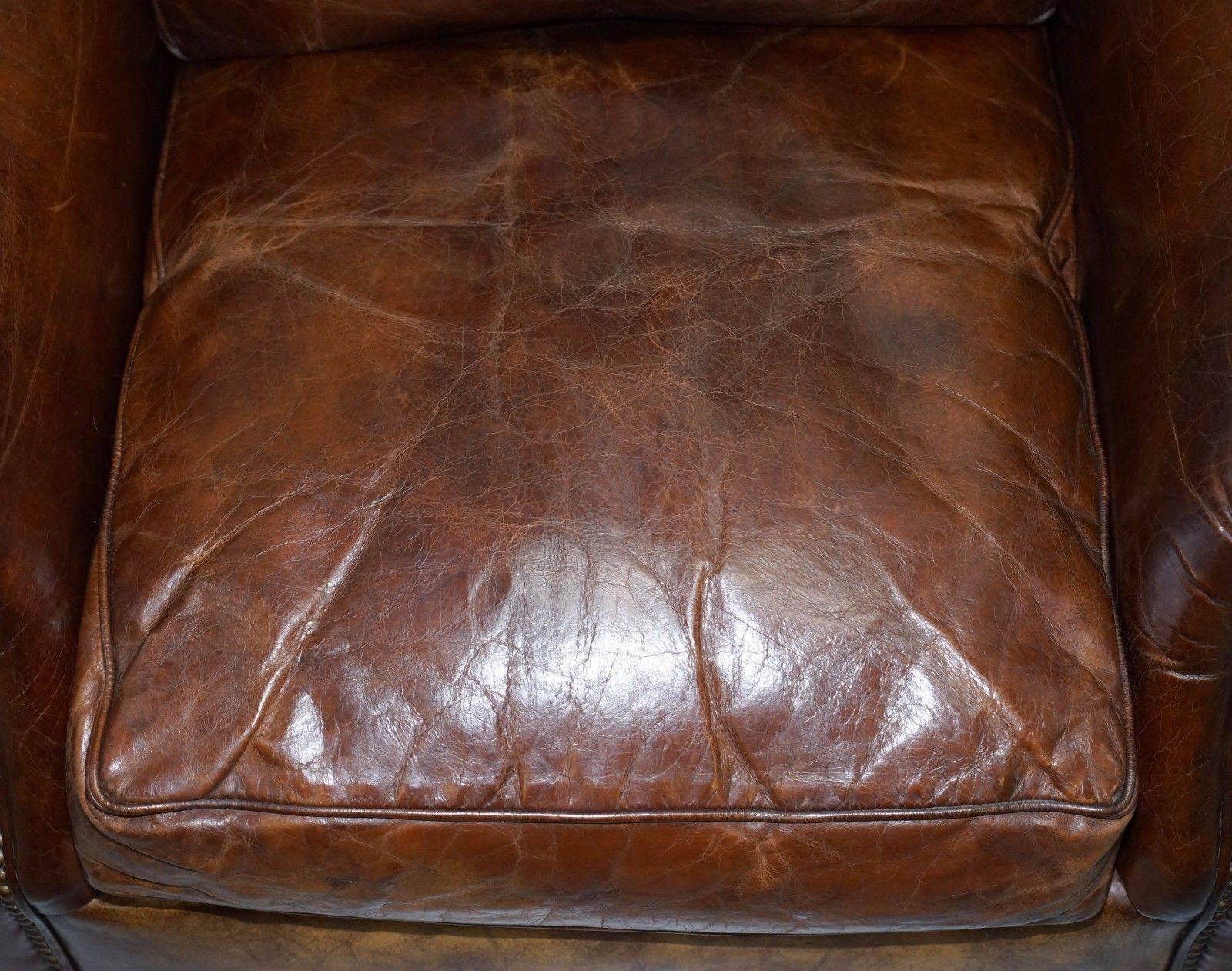 Timothy Oulton Balmoral Heritage Brown Leather Club Armchair Feather Cushions 1
