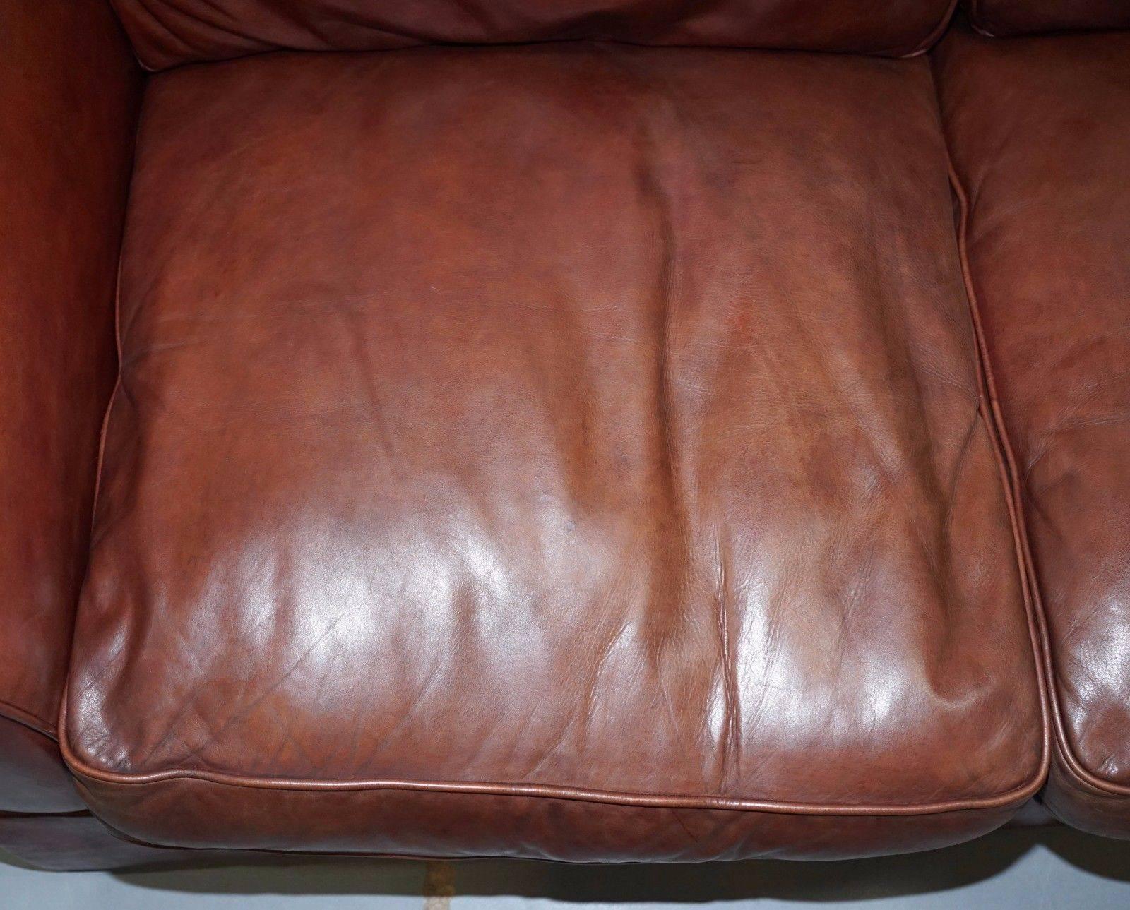 Hand-Carved 1 of 2 Laura Ashley Heritage Brown Leather Large 2.5-Seat Sofas