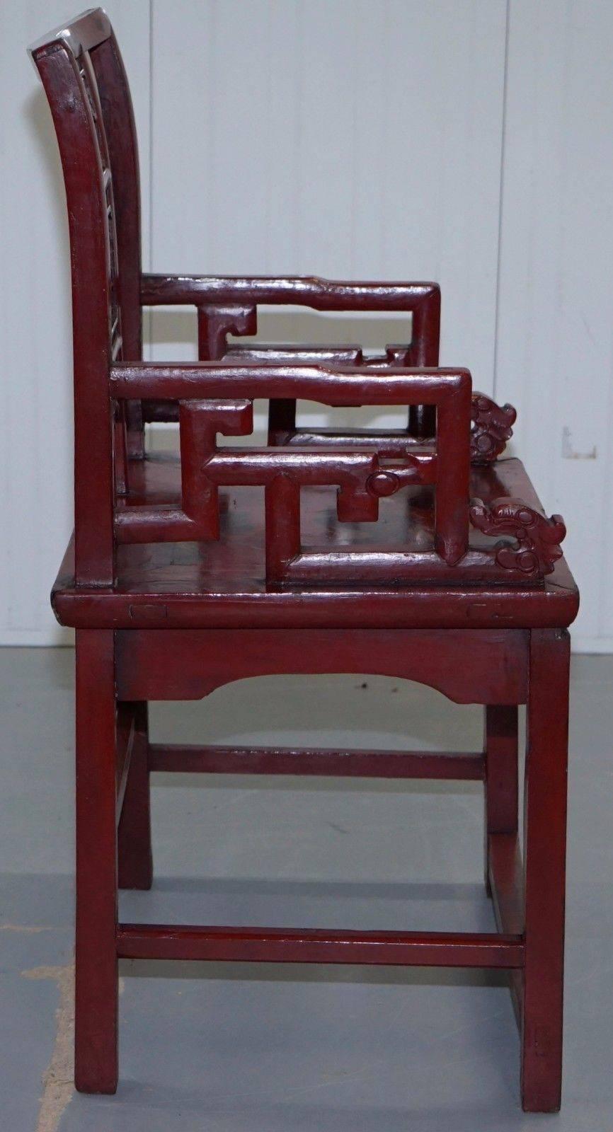 Antique 19th Century Chinese Red Lacquered Chair Lotus Leaf and Birds Paintings 1