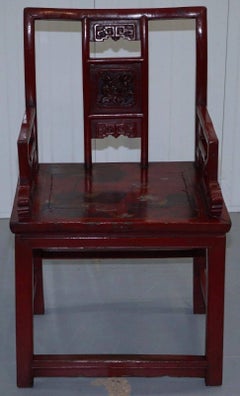 Antique 19th Century Chinese Red Lacquered Chair Lotus Leaf and Birds Paintings