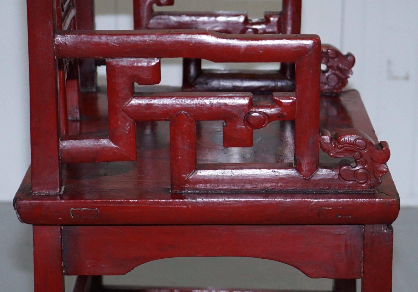 Antique 19th Century Chinese Red Lacquered Chair Lotus Leaf and Birds Paintings 2