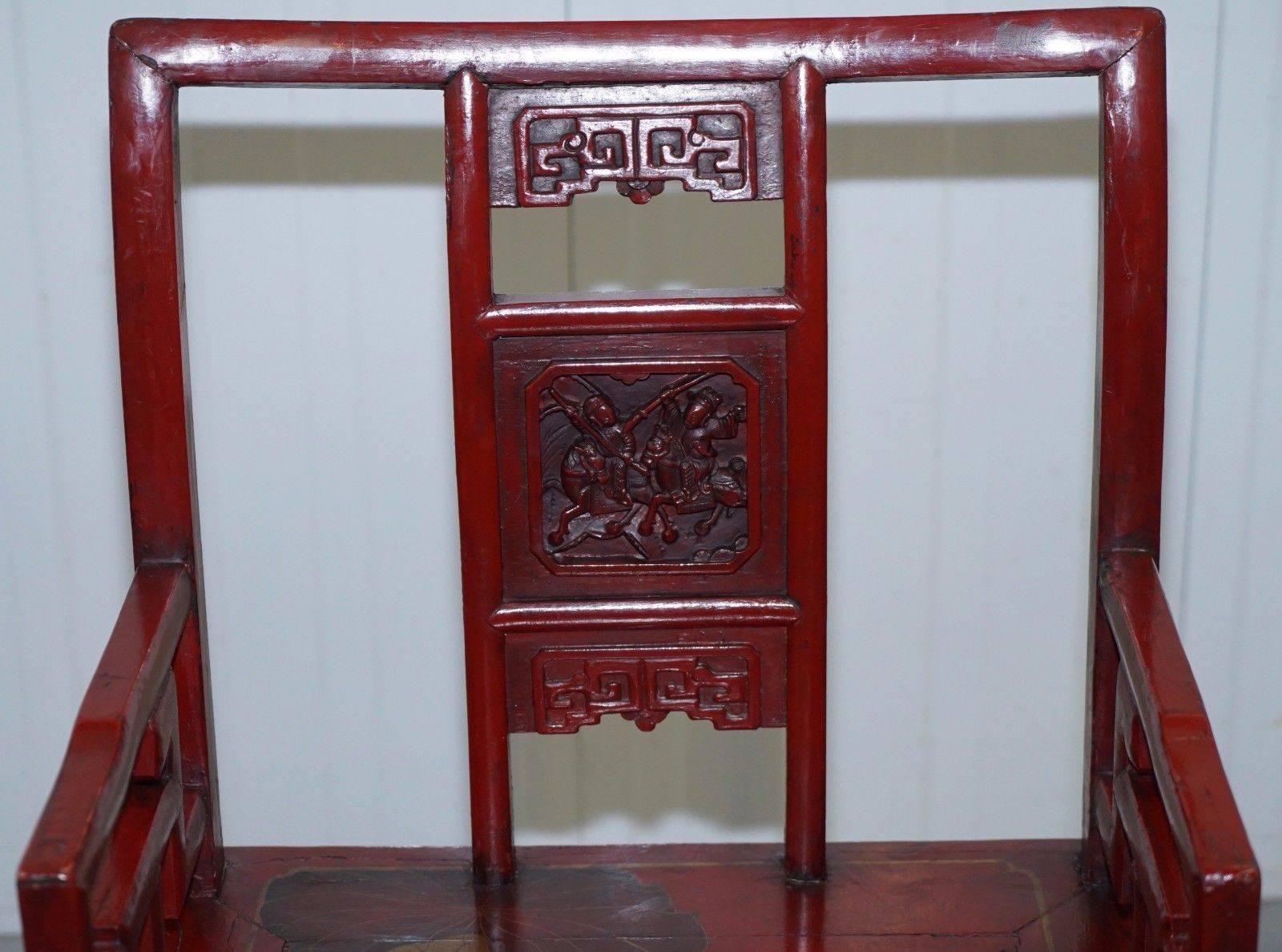 Hand-Carved Antique 19th Century Chinese Red Lacquered Chair Lotus Leaf and Birds Paintings