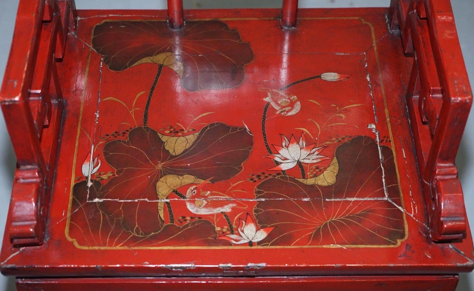 Chinese Export Antique 19th Century Chinese Red Lacquered Chair Lotus Leaf and Birds Paintings