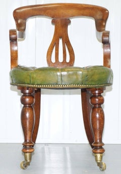 Rare Victorian Mahogany Framed Chesterfield Green Leather Desk Chair Hand Dyed