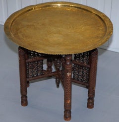 Rare Vintage Moroccan Etched Brass Round Tray Table Mother-of-Pearl Inlaid
