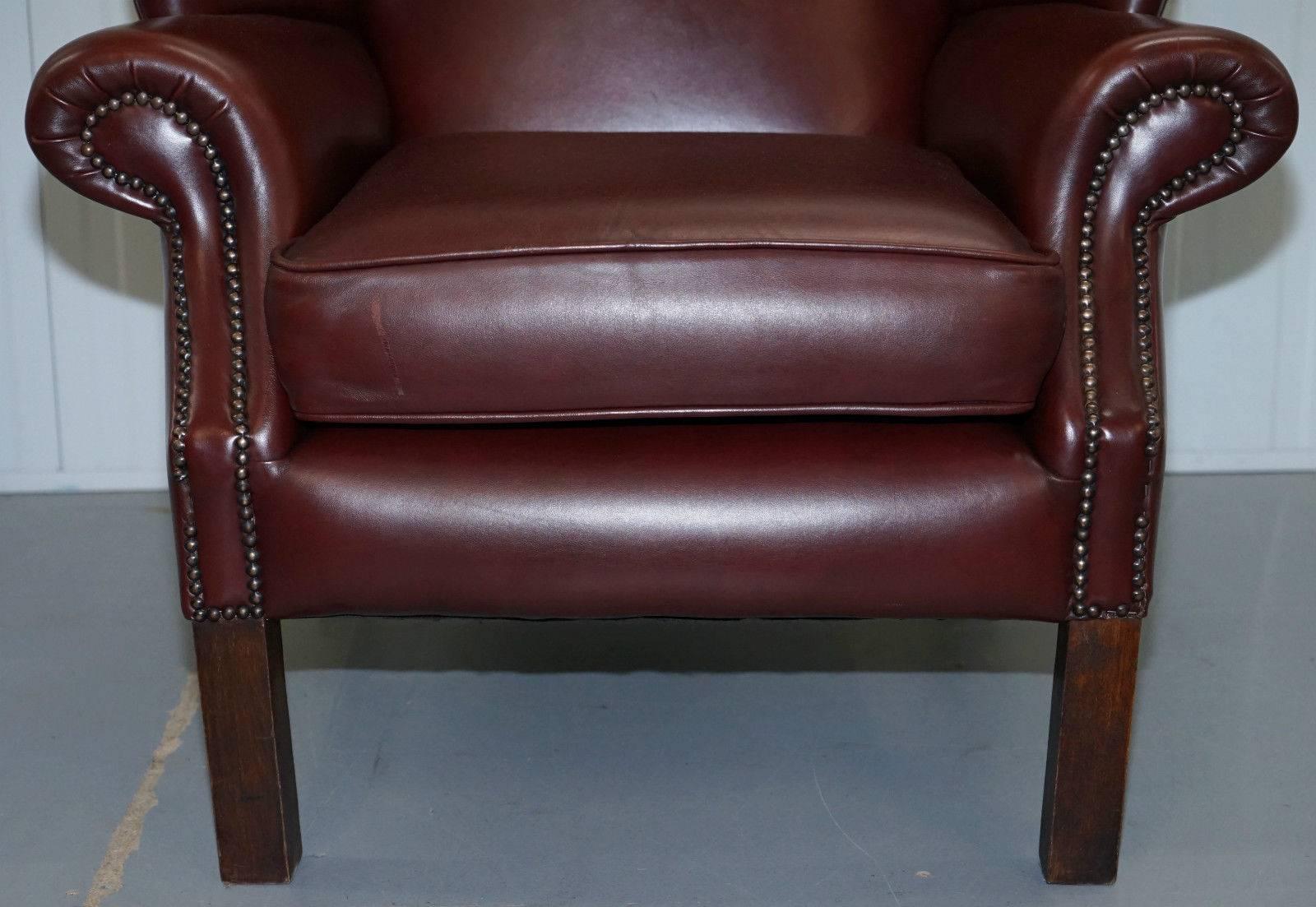 British Lovely Aged Oxblood Brown / Red Height Straight Wingback Chesterfield Armchair