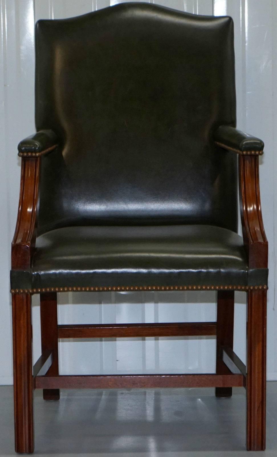 British Pair of Frank Hudson & Son Ltd Chesterfield Aged Green Leather Carver Armchairs