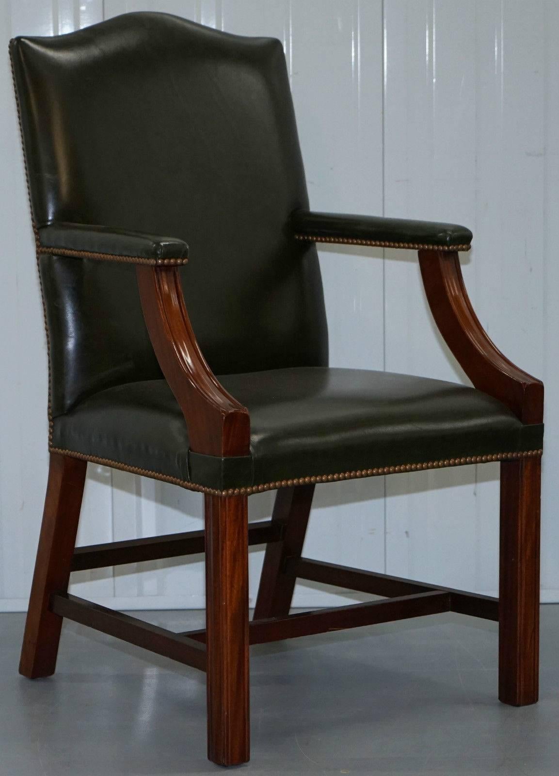 Mid-Century Modern Pair of Frank Hudson & Son Ltd Chesterfield Aged Green Leather Carver Armchairs