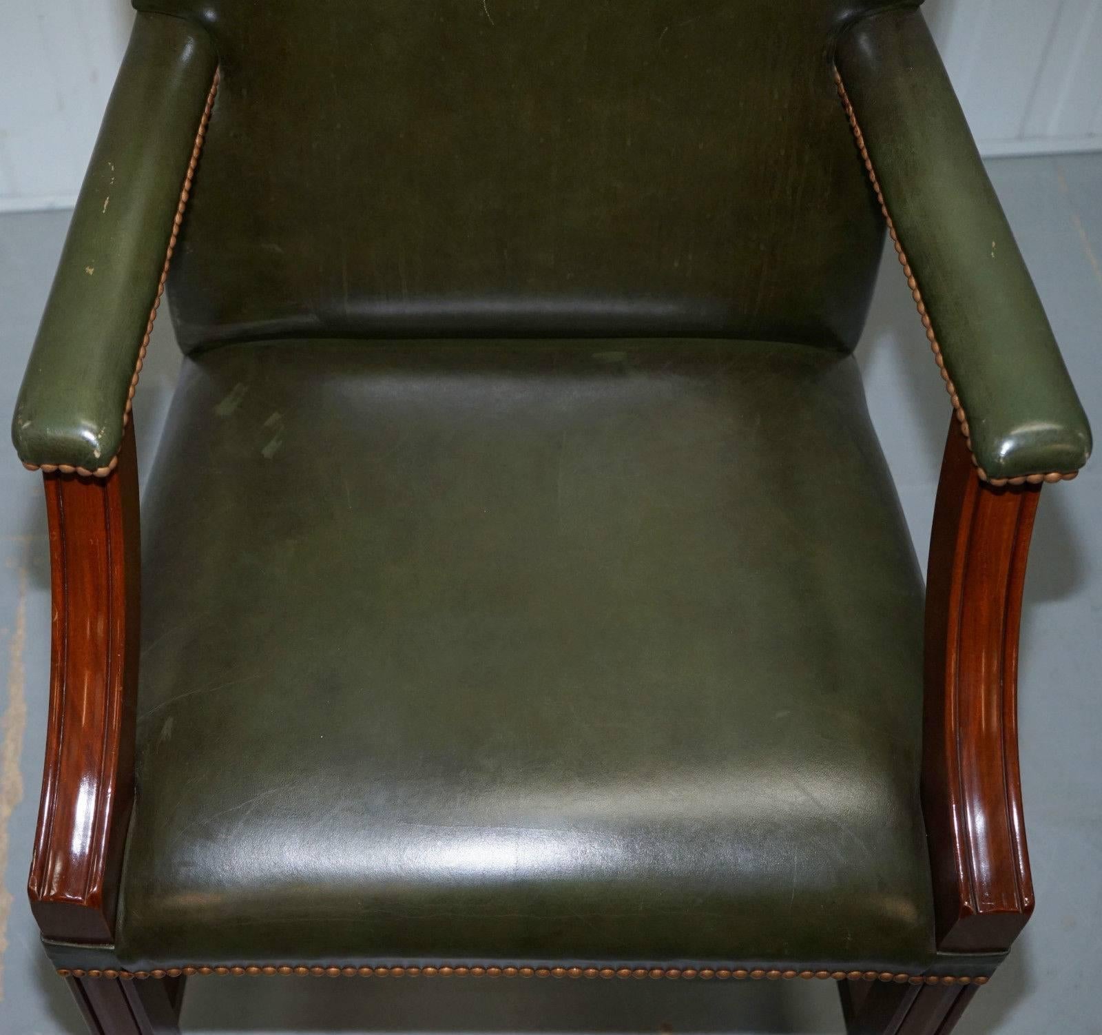 Pair of Frank Hudson & Son Ltd Chesterfield Aged Green Leather Carver Armchairs 4