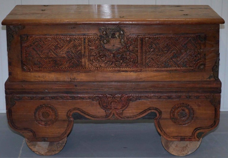 Stunning Large Indian Carved Wood Travelling Trunk Chest On Wheels