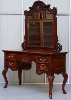 Lovely Solid Carved Mahogany French Louis Style Dressing Table Mirror and Chair