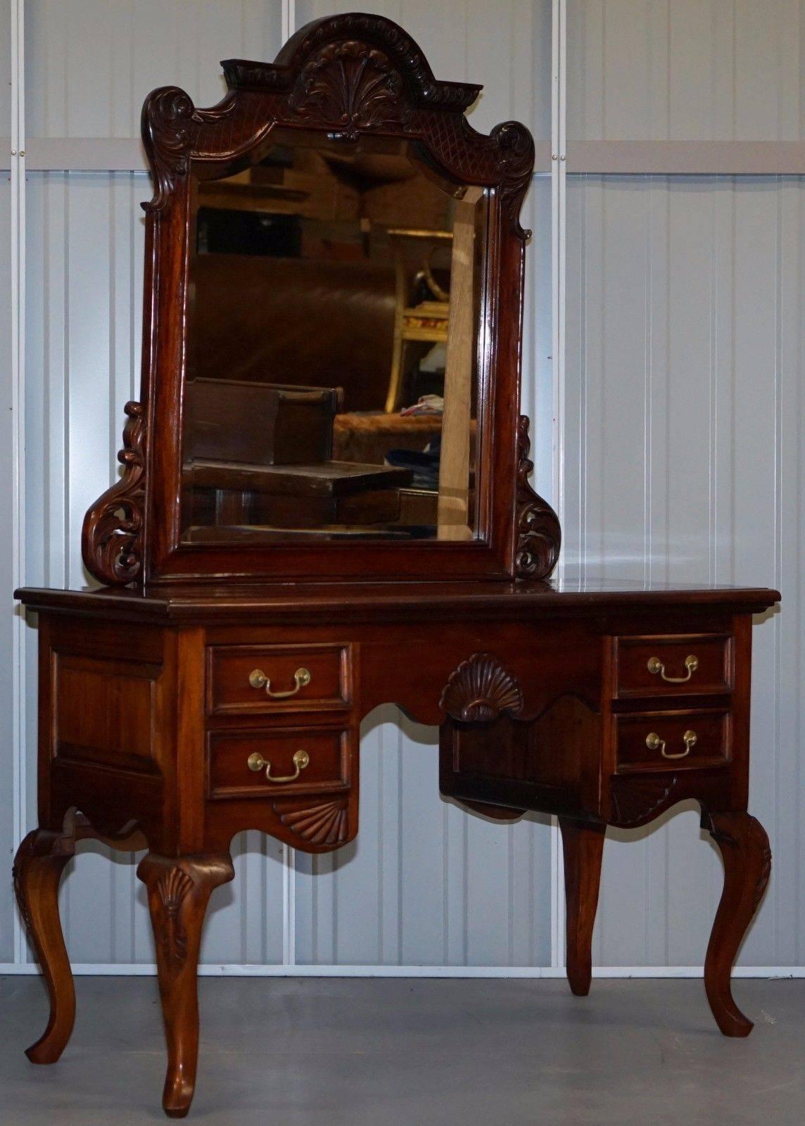 French Provincial Lovely Solid Carved Mahogany French Louis Style Dressing Table Mirror and Chair