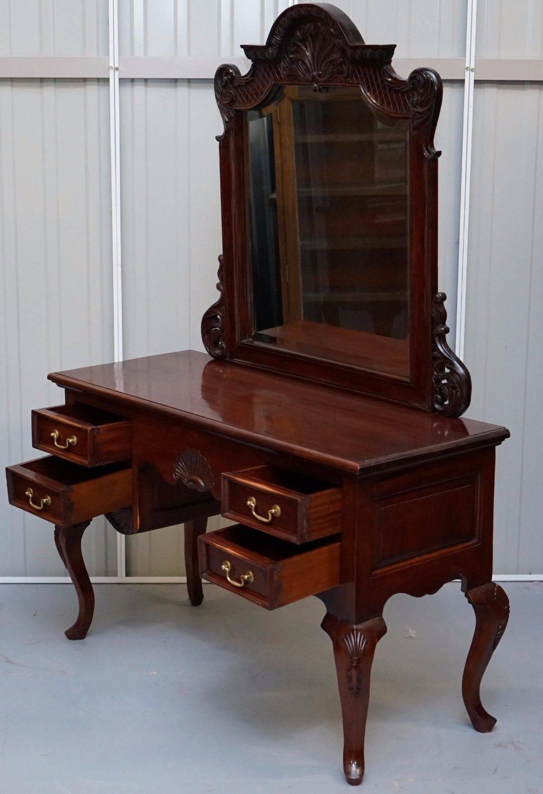 Lovely Solid Carved Mahogany French Louis Style Dressing Table Mirror and Chair 2