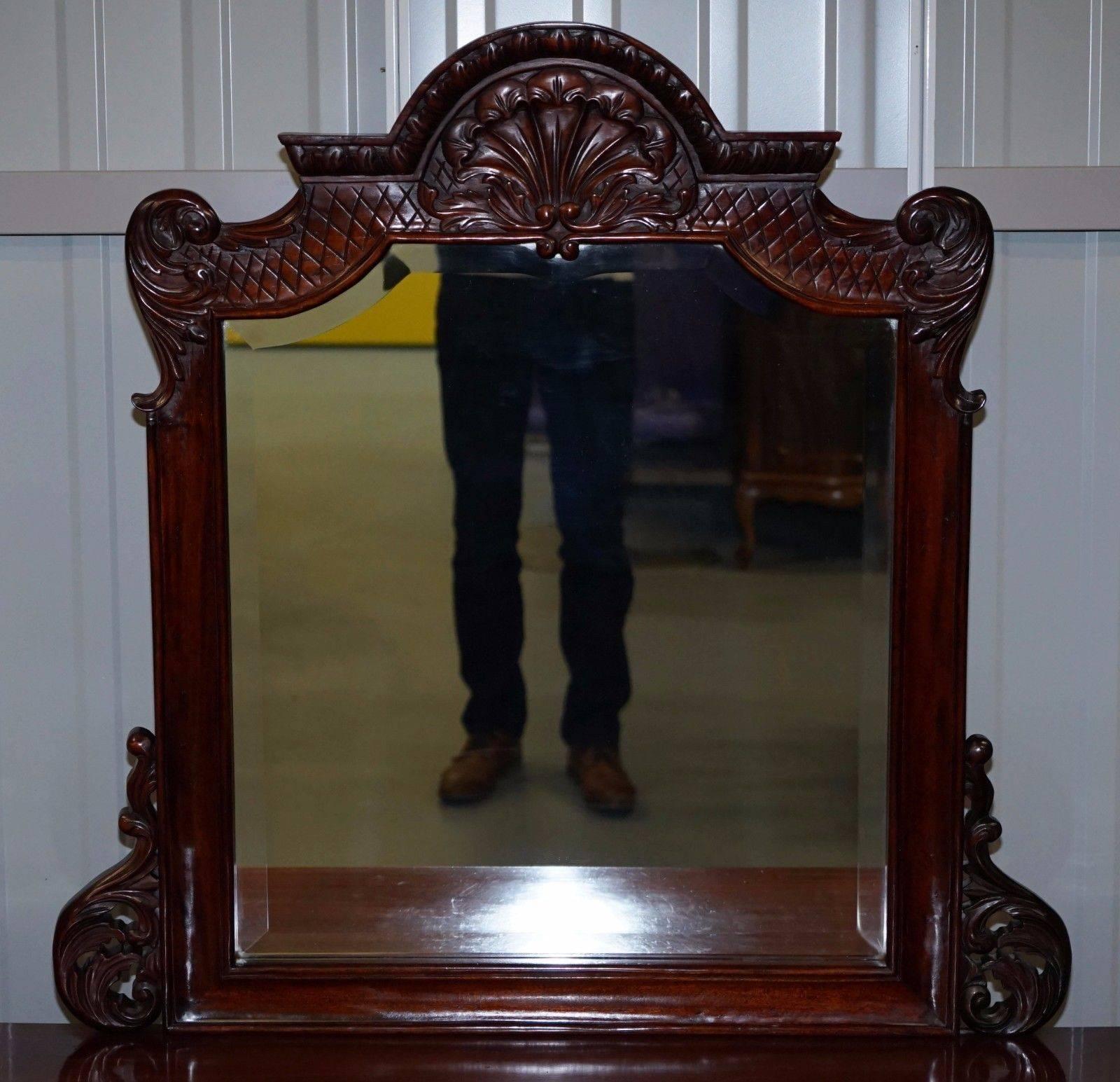 Hand-Carved Lovely Solid Carved Mahogany French Louis Style Dressing Table Mirror and Chair