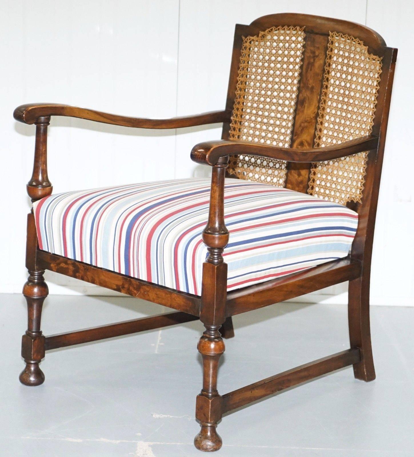 Edwardian Vintage Suite Walnut & Cane Armchair and Bench Sofa Liberty William Morris Style