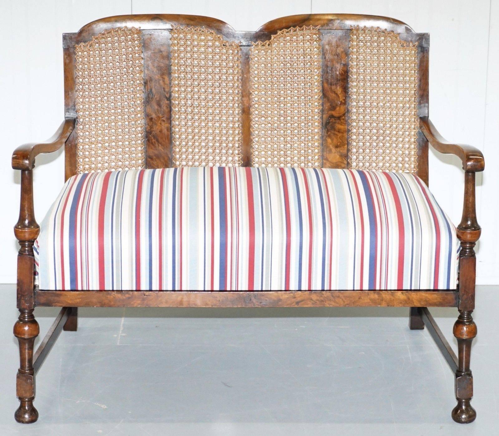 Rattan Vintage Suite Walnut & Cane Armchair and Bench Sofa Liberty William Morris Style