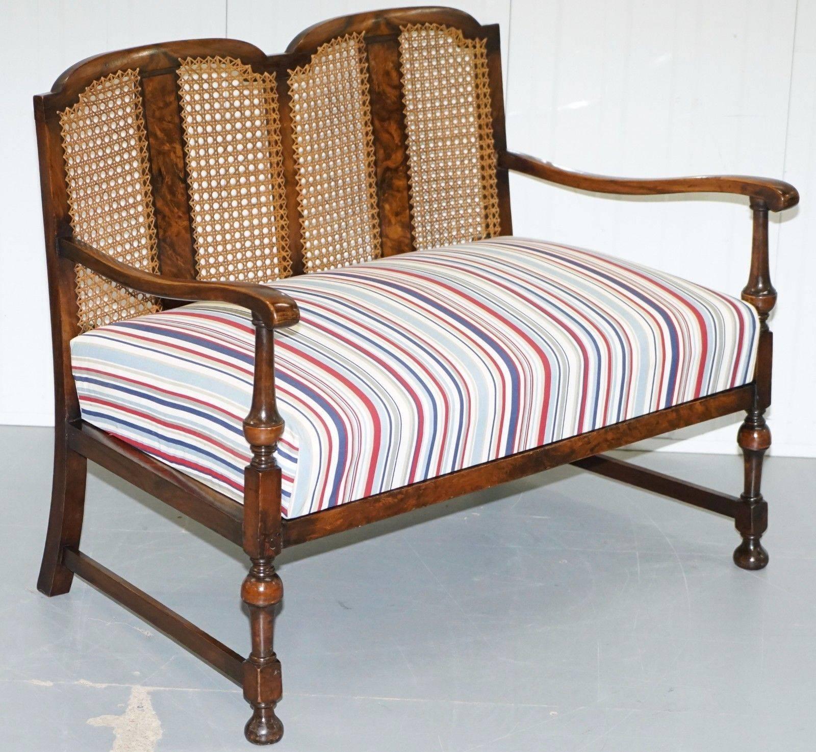 20th Century Vintage Suite Walnut & Cane Armchair and Bench Sofa Liberty William Morris Style