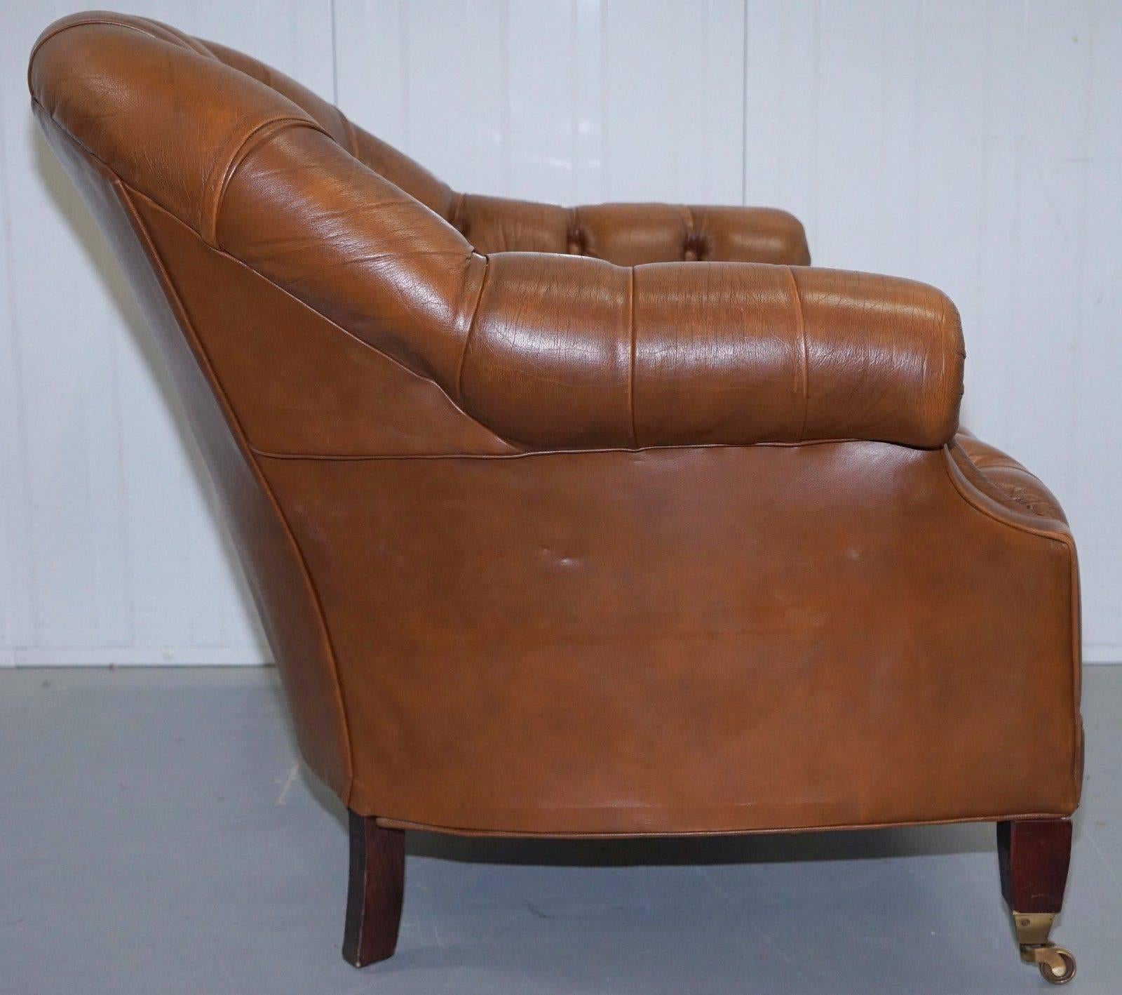 Vintage Chesterfield Aged Brown Leather Club Armchair Beech Legs Brass Castors 3