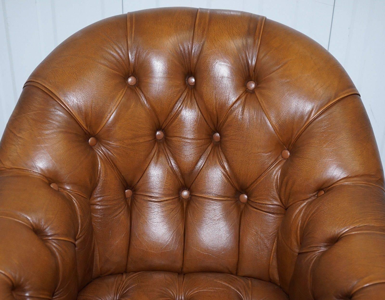 Hand-Carved Vintage Chesterfield Aged Brown Leather Club Armchair Beech Legs Brass Castors