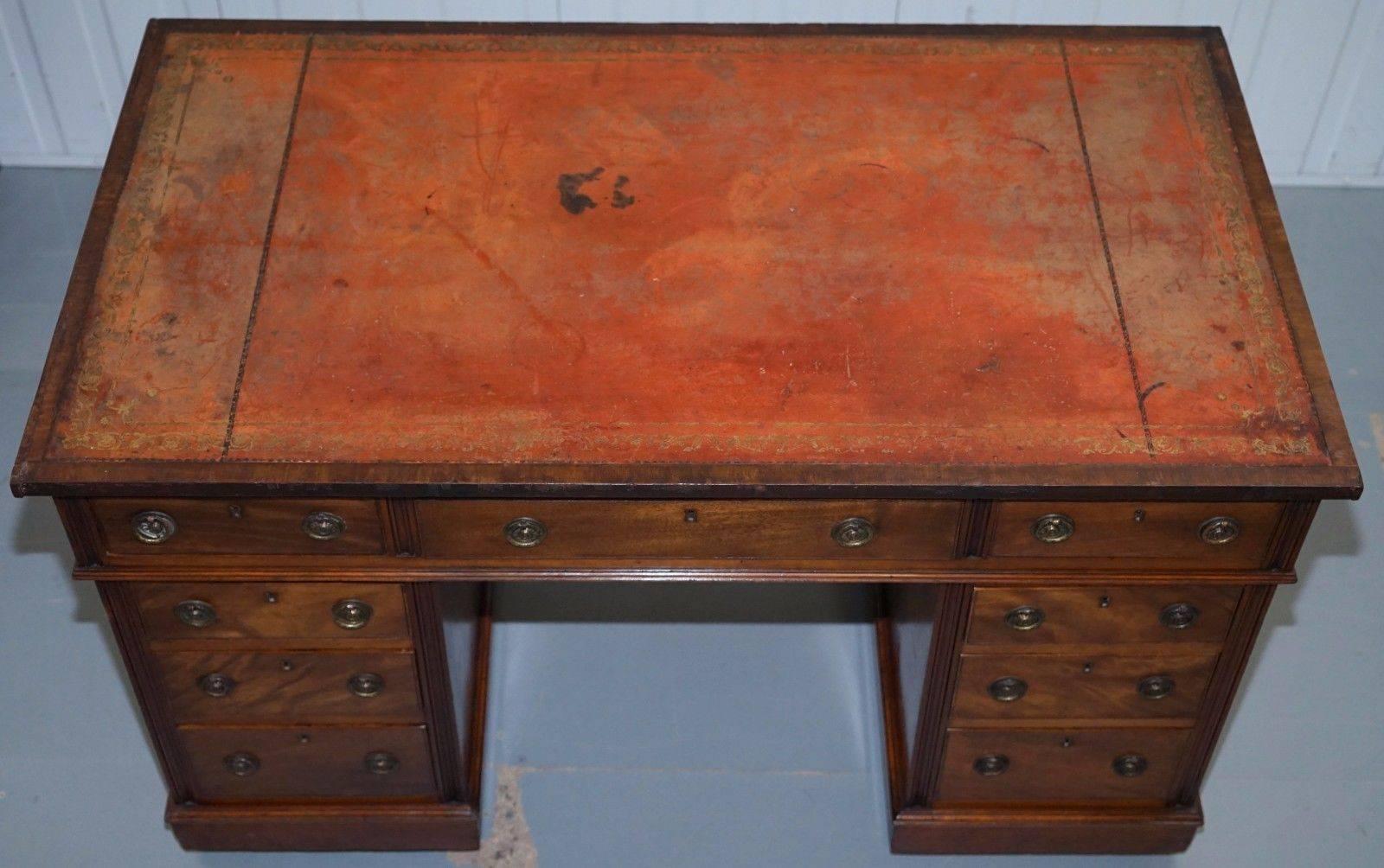 British Lovely Original Period Antique Victorian Mahogany Partner Desk with Leather Top